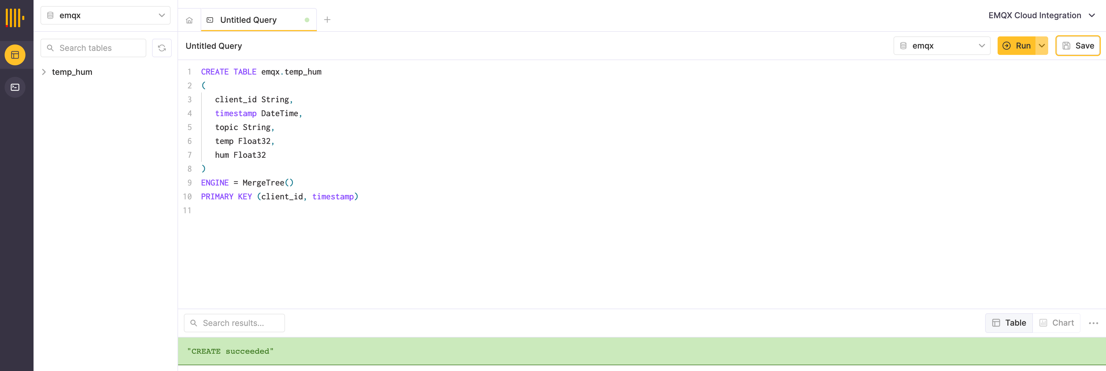 Выполнение SQL-запроса на создание базы данных и таблицы в ClickHouse Cloud