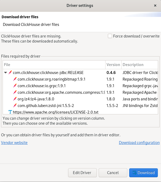 Загрузить драйвер ClickHouse