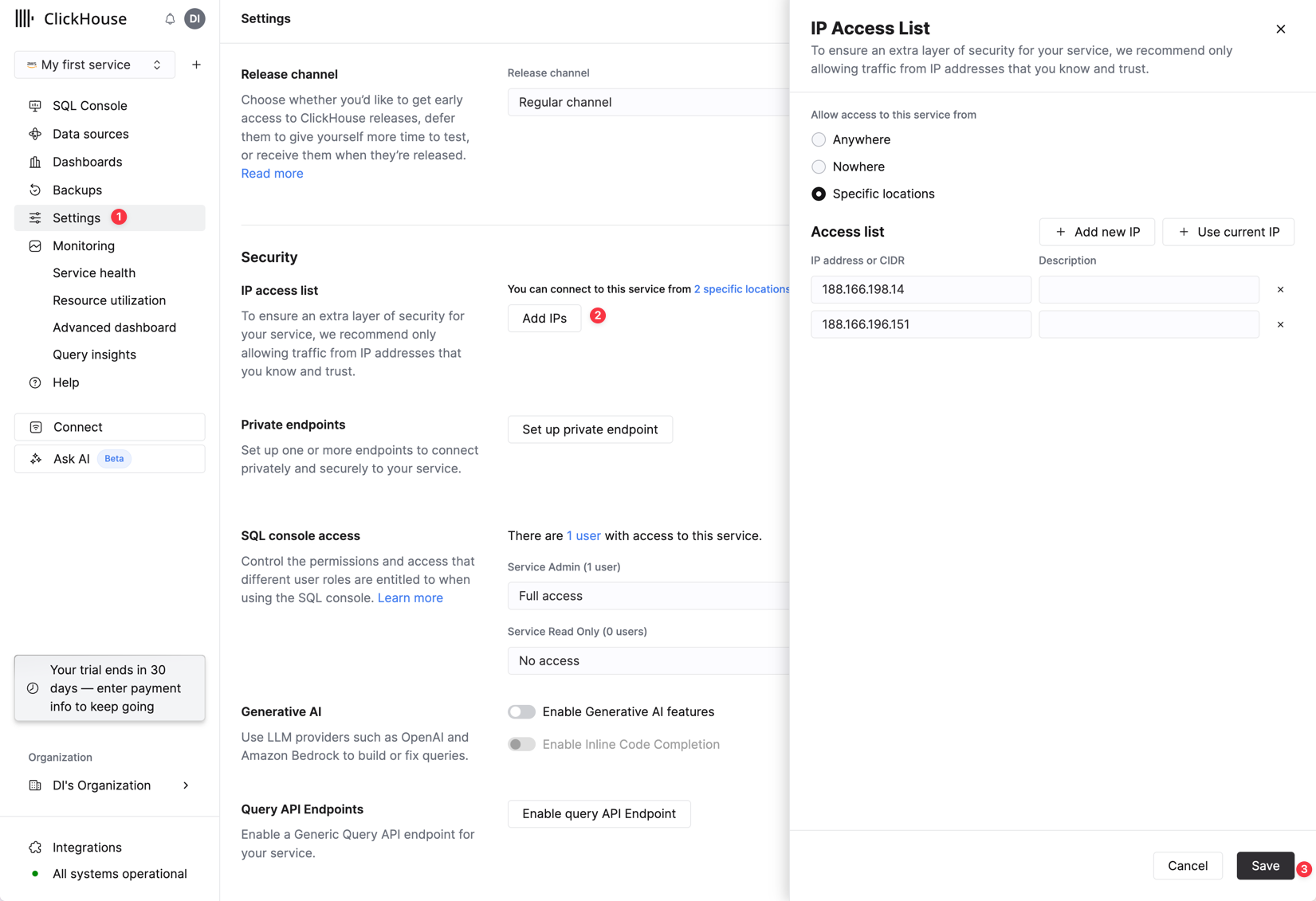 Пример allowlisting IP-адресов в ClickHouse Cloud